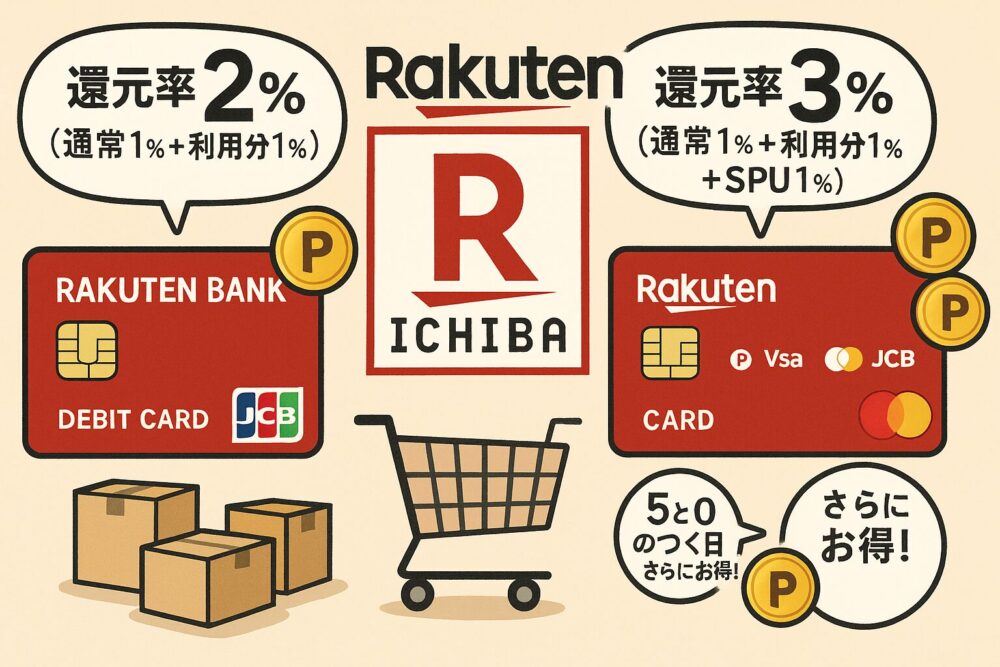 楽天市場での還元率は楽天カードと楽天銀行デビットカードどちらがいい？